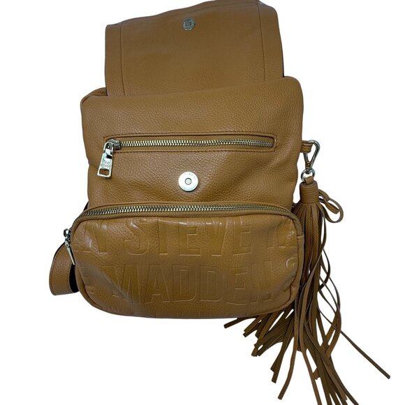 Steve Madden Mustard Yellow Faux Leather Embossed Logo Mini Backpack  Tassel - Picture 8 of 10